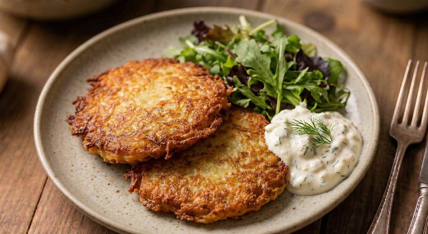 Kartupeļu pankūkas ar salātiem un tartara mērci