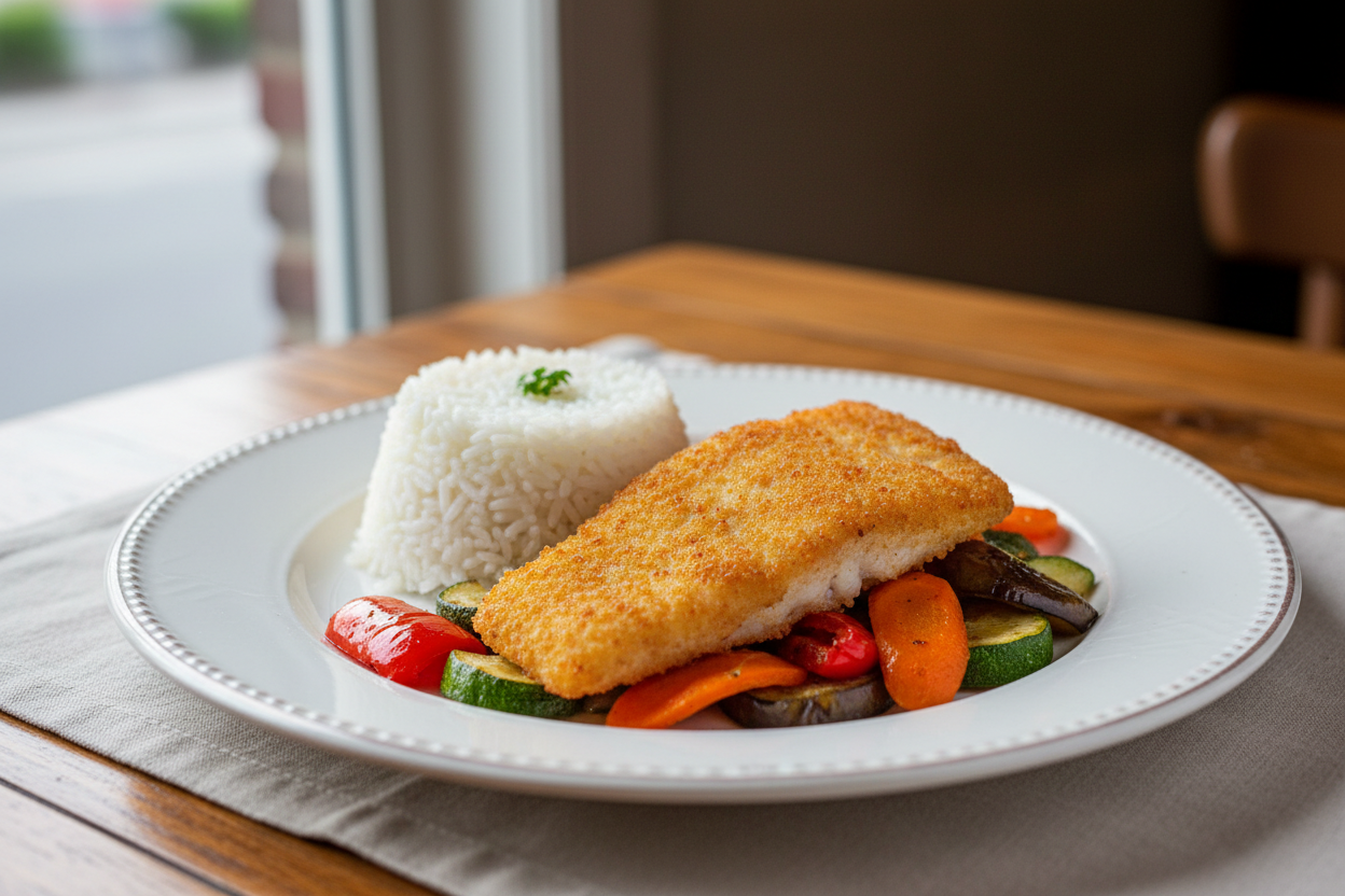 Breaded white fish fillet served with rice and roasted vegetables