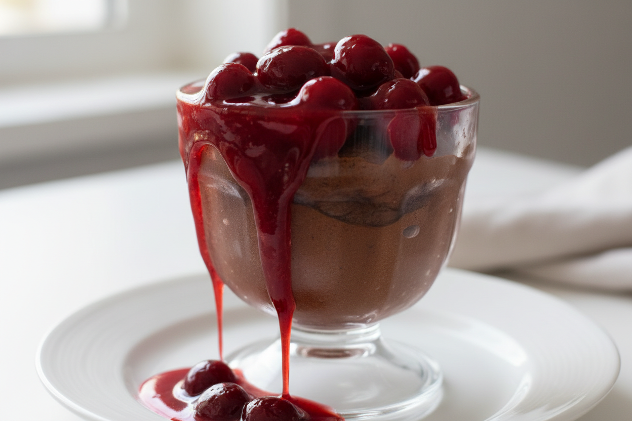 Chocolate mousse with cherry sauce in a jar