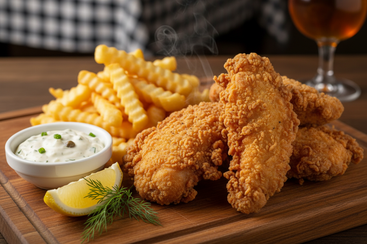 Kraukšķīgās vistiņas pasniegts ar fritētiem kartupeļiem un tartara mērci