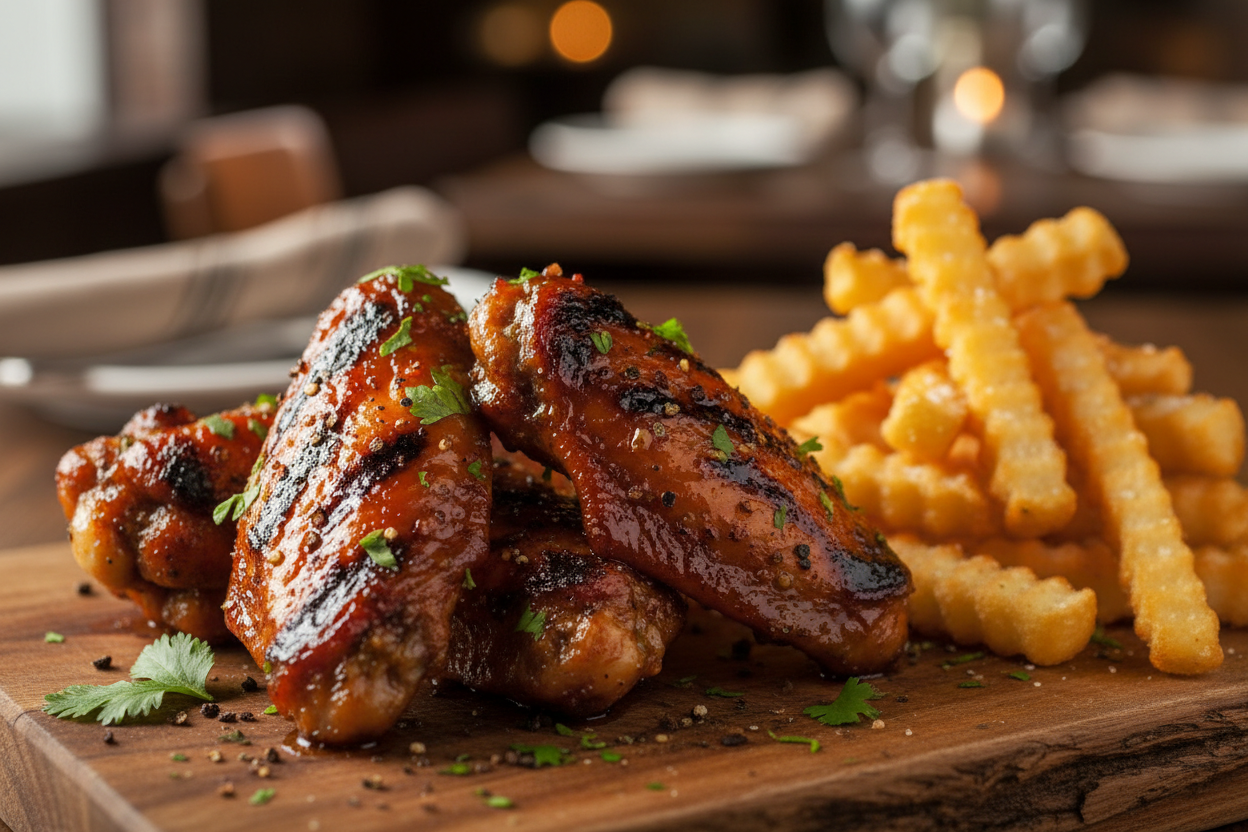 Grilēti vistas pusspārni, burbona – melno piparu BBQ glazūrā pasniegts ar fritētiem kartupeļiem