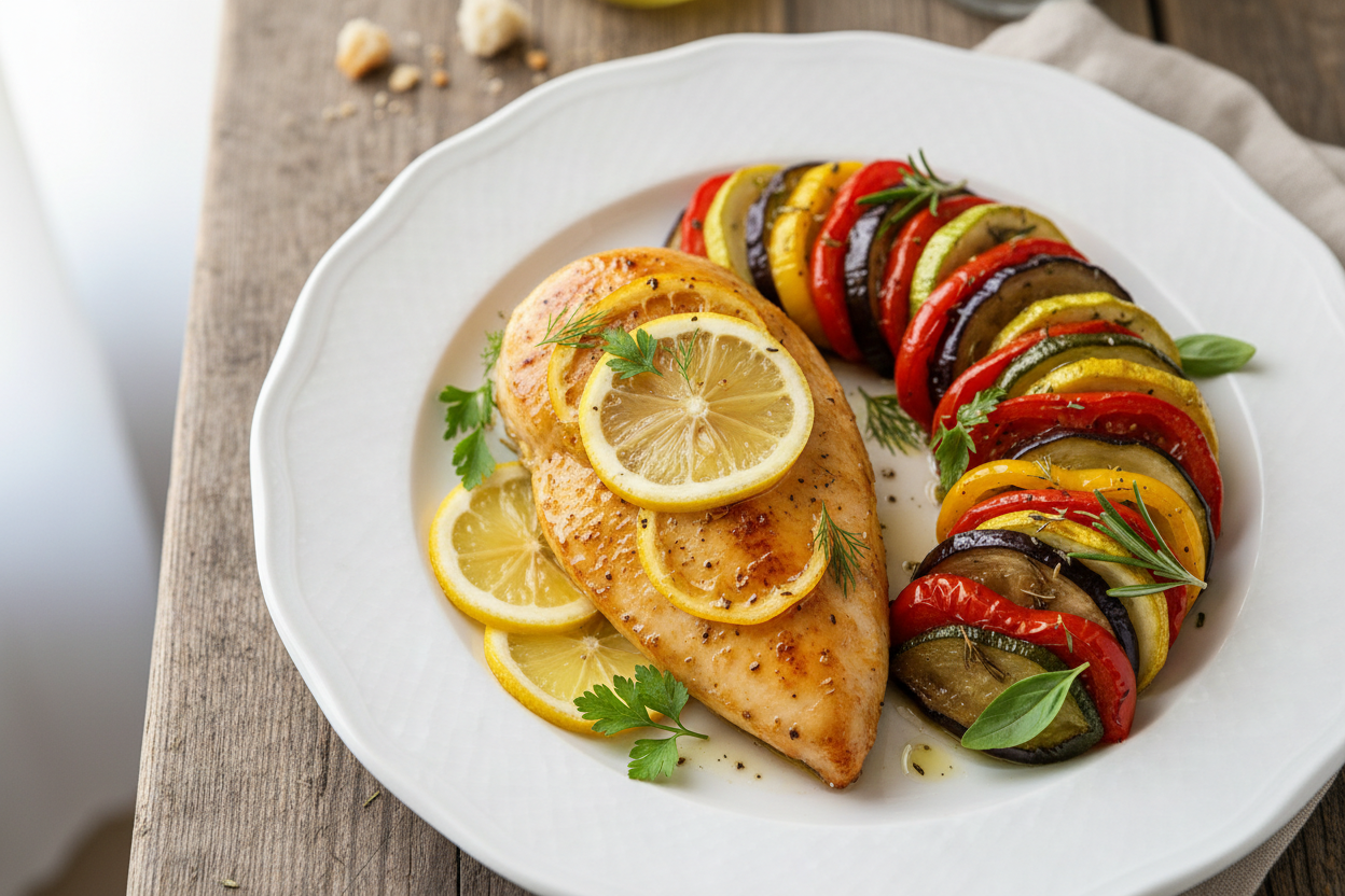 Citronā marinēta vista pasniegts ar ratatouille