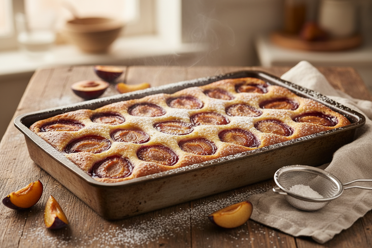 In plum sheet cake