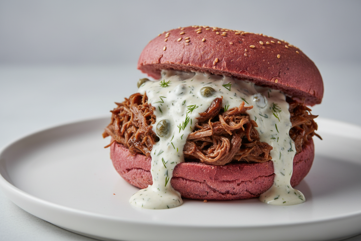 Plucinatas liellopa galas burgers ar tartara merci, pasu ceptu biesu maizi