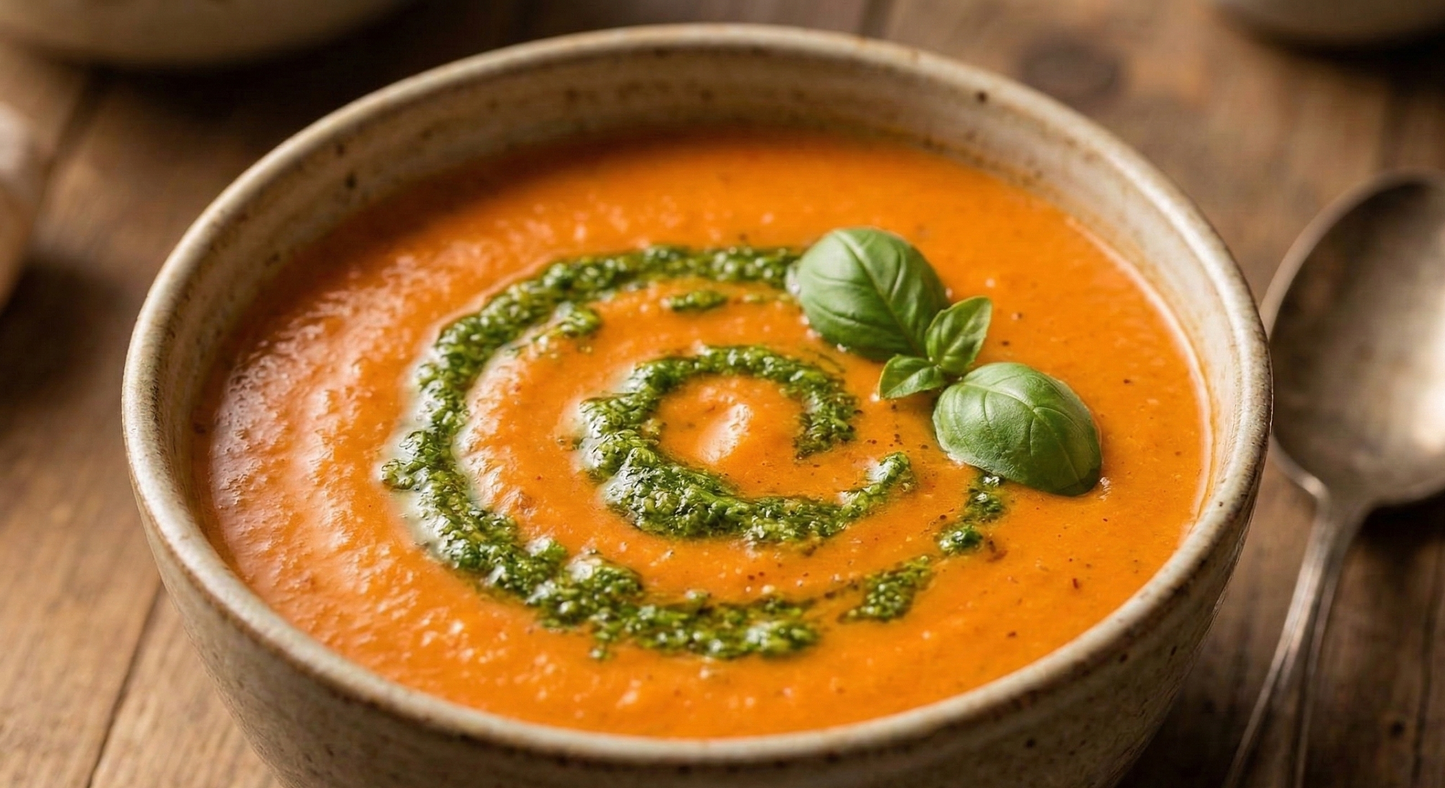 Tomātu krēmzupa ar bazilika pesto
