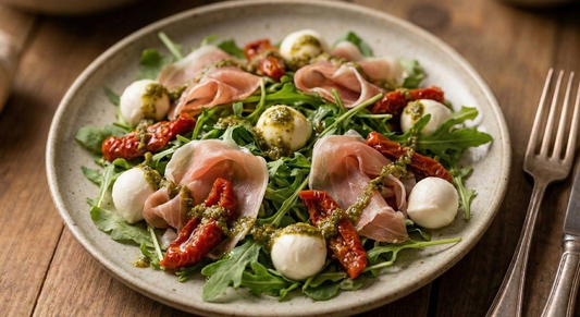 Rukolas salāti ar prosciutto un mocarellu – ar saulē kaltētiem tomātiem un pesto mērci