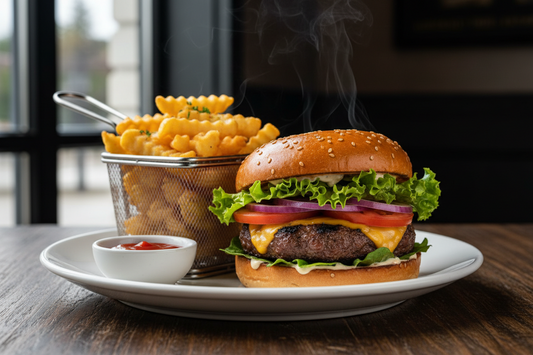 Liellopu gaļas burgers pasniegts ar fritētiem kartupeļiem