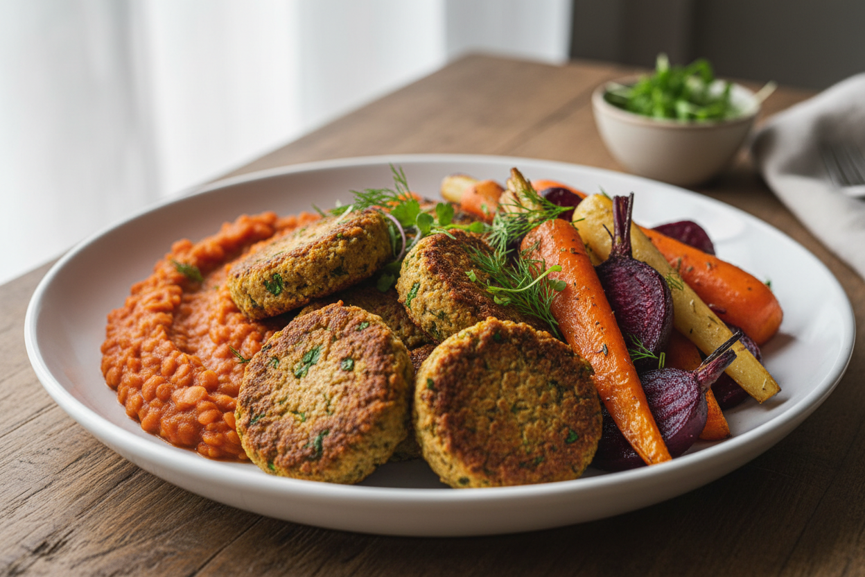 Chickpea falafel served with red lentils and roasted root vegetables