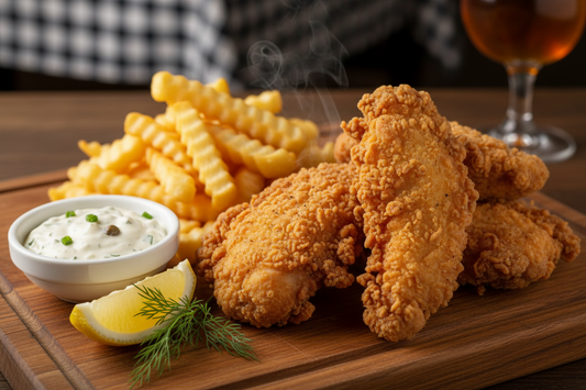 Kraukšķīgās vistiņas pasniegts ar fritētiem kartupeļiem un tartara mērci