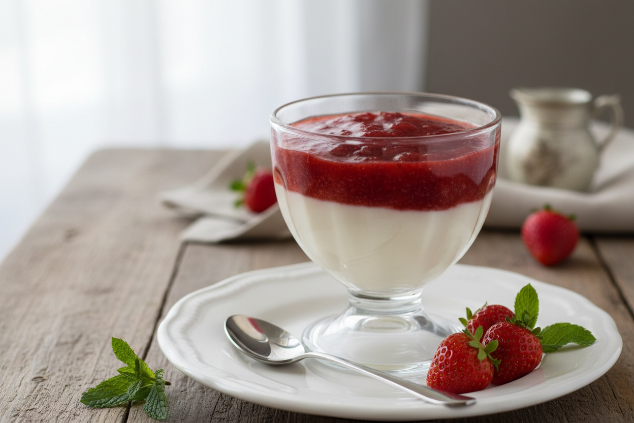 Panna cotta ar zemeņu mērci traucīņā